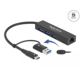   Delock 3 Port USB 3.2 Gen 1 Hub + Gigabit LAN USB Type-C  vagy A-típusú USB konnektorral (DL-64149)