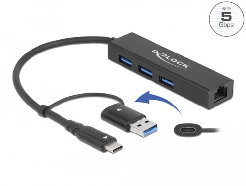 Delock 3 Port USB 3.2 Gen 1 Hub + Gigabit LAN USB Type-C  vagy A-típusú USB konnektorral
