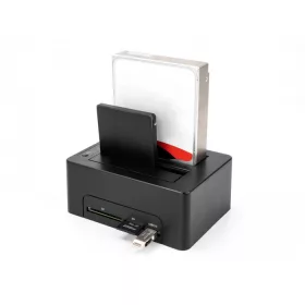   Delock USB kettős dokkoló állomás 2 x SATA HDD / SSD számára klónozási funkcióval és kártyaolvasóval + további USB port (DL-64183)