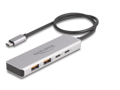 Delock USB 10 Gbps USB Type-C  hub 2 x A-típusú USB csatlakozóval és 2 x USB Type-C  csatlakozóval, valamint egy 35 cm hosszú csatlakozó kábellel