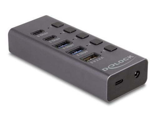 Delock Hub USB 5 Gbps 2 x A-típusú és 2 x USB Type-C  anya és 1 x gyorstöltő port + kapcsoló