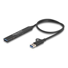   Delock 4 portos vékony USB hub USB Type-C  vagy A-típusú USB csatlakoztatóval és 3 x USB 5 Gbps USB Type-C  és 1 x USB 5 Gbps A-típusú (DL-64272)