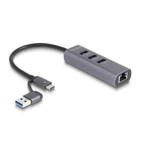   Delock 3 portos USB 5 Gbps Hub + Gigabit LAN USB Type-C  csatlakozóval vagy A-típusú USB csatlakozóval fém vázban (DL-64282)