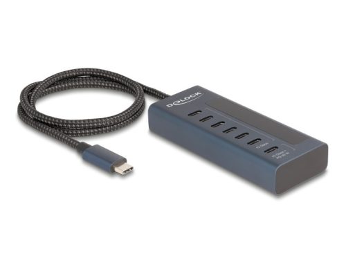 Delock USB 10 Gbps hub 7 db. USB Type-C  porttal, amelyből 6 adat csatlakoztatási felület és egy adat és 20 Watt-os PD tápjelzéssel