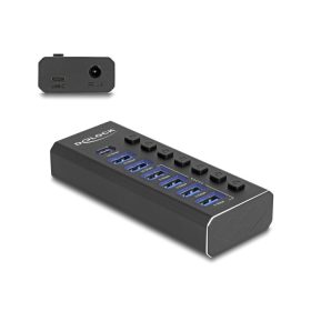   Delock 7 portos USB hub 4 10 Gbps-s porttal és 4 gyorstöltő porttal kijelzővel és kapcsolóval (DL-64326)
