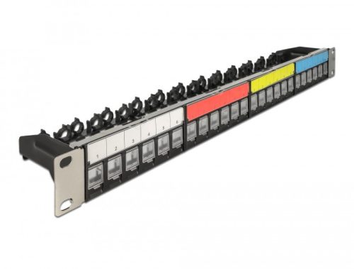 Delock 19 , 24 portos Keystone patch panel kábel rögzítő sínnek, jelző mezővel és porvédelemmel 1U fekete