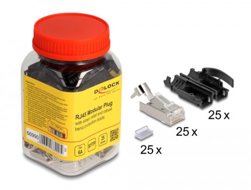 Delock RJ45 Moduláris apa csatlakozó húzásgátló Cat.6A és robusztus hajlításvédő védőburkolat 25 db-os készlet