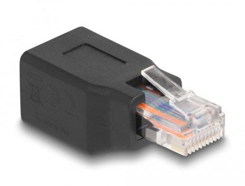 Delock M12 D-kódolt adapter 4 tűs anya - RJ45 anya Cat.5e beszerelő mélyedéssel, 90 -ban hajlított, ibolya színű