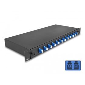  Delock 19  optikai szálösszefűző doboz 12 db. LC Duplex OS2 1U teljes elrendezés kész az összefűzésre (DL-67003)