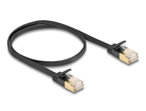 Delock RJ45 hálózati kábel Cat.6A apa - apa robosztus csatlakozóval és Cat.7 nyers lapos kábellel U/FTP 0,5 m, fekete
