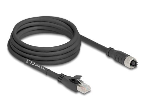 Delock M12 kábel X-kódolt 8 tűs apa - RJ45 anya Cat.5e S/FTP flexibilis 3 m fekete