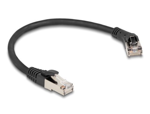Delock RJ45 hálózati kábel Cat.8.1 S/FTP 45 -ben jobbra hajlított apa   egyenes apa, akár 40 Gbps, 0,25 m, fekete