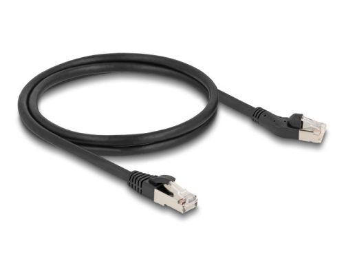 Delock RJ45 hálózati kábel Cat.8.1 S/FTP 45 -ben balra hajlított apa   egyenes apa, akár 40 Gbps, 1 m, fekete