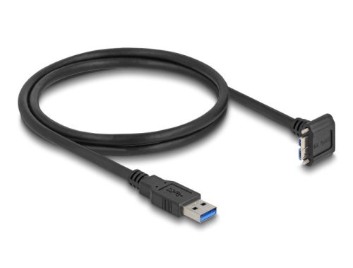 Delock USB 5 Gbps kábel A-típusú USB apa egyenes   Mikro-B-típusú USB apa 90 -ban lefelé fordított 18 mm-es csavar távolsággal 1 m, fekete