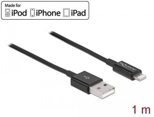 Delock USB adat- és töltőkábel iPhone , iPad  és iPod  készülékhez fekete 1 m