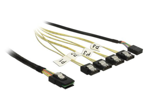 Delock Kábel Mini SAS SFF-8087 > 4 x 7 tus SATA fordított + oldalsáv, 0,5 m