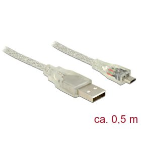   Delock USB 2.0-s kábel A-típusú csatlakozódugóval > USB 2.0 Micro-B csatlakozódugóval, 0,5 m, áttets (DL-83897)