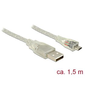   Delock USB 2.0-s kábel A-típusú csatlakozódugóval > USB 2.0 Micro-B csatlakozódugóval, 1,5 m, áttets (DL-83899)
