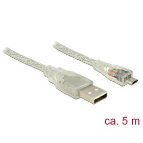   Delock USB 2.0-s kábel A-típusú csatlakozódugóval > USB 2.0 Micro-B csatlakozódugóval, 5 m, áttetsző (DL-83903)