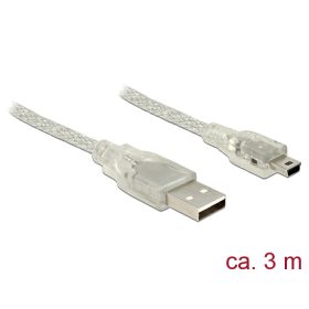   Delock USB 2.0-s kábel A-típusú csatlakozódugóval > USB 2.0 Mini-B csatlakozódugóval, 3 m, áttetsző (DL-83908)