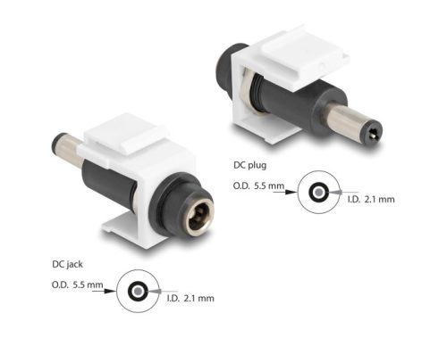 Delock Keystone modul, DC 5,5 x 2,1 mm-csatlakozóhüvely, DC 5,5 x 2,1 mm méretű apa, fehér