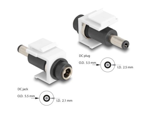 Delock Keystone modul, DC 5,5 x 2,1 mm-csatlakozóhüvely, DC 5,5 x 2,5 mm méretű apa, fehér