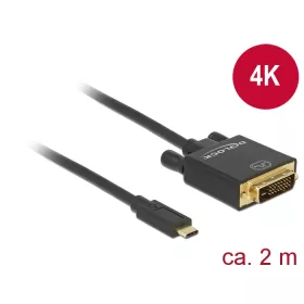   Delock Kábel USB Type-C csatlakozó > DVI 24+1 csatlakozó (DP váltakozó mód) 4K 30 Hz, 2 m, fekete (DL-85321)
