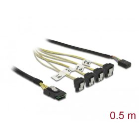   Delock Kábel Mini SAS SFF-8087 >4 x SATA 7 érintkezős hüvely 90 fokban ívelt + oldalsáv, 0,5 m (DL-85683)