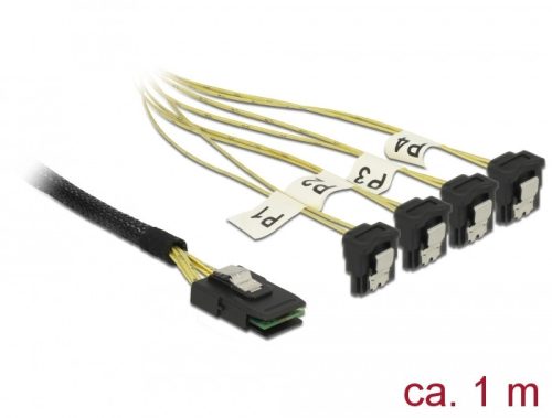 Delock Kábel Mini SAS SFF-8087 >4 x SATA 7 érintkezős hüvely 90 fokban ívelt 1 m
