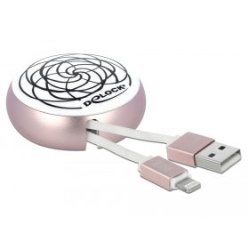   Delock USB 2.0 behúzható kábel A-típusú   Lightning  8 tűs, fehér / halvány rózsaszín (DL-85817)