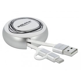   Delock USB 2.0 2 az 1-ben behúzható kábel A-típusú   Micro-B és USB-C  fehér / ezüst (DL-85821)
