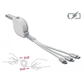  Delock 3 az 1-ben visszahúzható fehér USB töltokábel 8 tus- / Micro-USB- / USB Type-C  végzodéssel (DL-85850)
