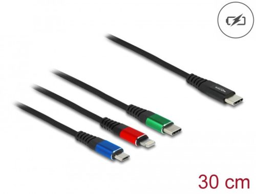 Delock 30 cm hosszú, USB töltő kábel 3 az 1 USB Type-C  apa Lightning -, Micro USB- és USB Type-C  csatlakozáshoz