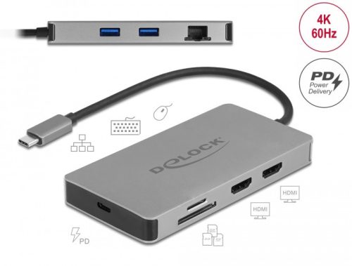 Delock USB Type-C  dokkolóállomás 4K - hoz kettős HDMI MST / USB 3.2 / SD / LAN / PD 3.0