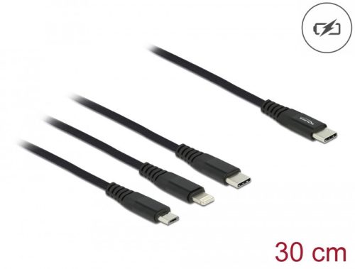 Delock 30 cm hosszú, USB töltő kábel 3 az 1 USB Type-C  apa Lightning -, Micro USB- és USB Type-C  c