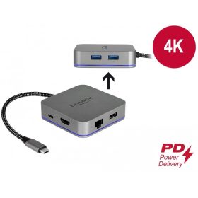   Delock USB Type-C  dokkoló állomás mobil eszközökhöz 4K - HDMI / Hub / LAN / PD 3.0 LED jelzővel (DL-87742)