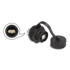   Delock Kábel csatlakoztató USB 2.0 B-típusú anya   USB 2.0 A-típusú anya installálásra IP68 por és víz elleni védő bajonettzá kalappal fekete (DL-88010)