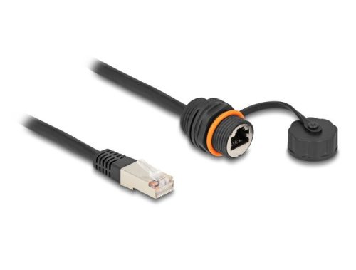 Delock Kábel RJ45 apa - RJ45 anya Cat.6A beépített használatra M20 cérnával és védő kupakkal IP68 por és vízhatlan 25 cm, fekete színű