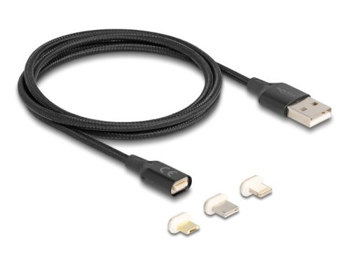 Delock Mágneses USB töltő készlet 8 tűs Lightning  / Micro USB / USB Type-C  csatlakozókkal, fekete 1 m