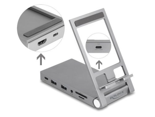 Delock táblagép és notebook dokkoló állomás 4K beépített tartóval - HDMI / USB / Hub / SD / Micro SD / PD 3.0 - összecsukható