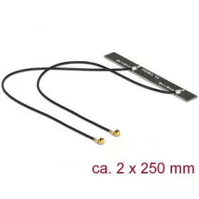   Delock WLAN 802.11 ac/a/h/b/g/n ikerantenna, 2 x MHF csatlakozódugó, 5 dBi, 250 mm-es NYÁK-lap, bels (DL-89631)