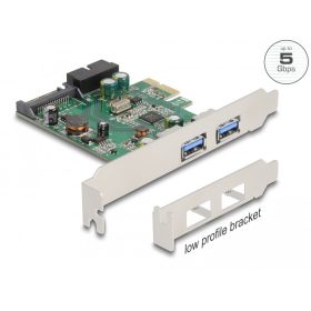   Delock PCI Express x1 Kártya - 2 x külső USB 3.2 Gen 1 A-típusú USB csatlakozó + 1 x belső 19 tűs USB tű fejes apa - alacsony profilú formatényező (DL-90096)