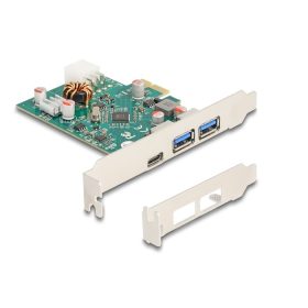   Delock PCI Express x1 kártya - 1 x külső USB Type-C  anya PD 30 W és 2 x külső A-típusú USB 5 Gbps anya (DL-90229)