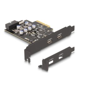   Delock PCI expressz x4 kártya - 2 x külső USB Type-C  csatlakozó + 1 x belső USB 10 Gbps Type-E Key A and 1 x 19 pin USB pin header male - alacsony profilú formatényező (DL-90345)