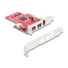  Delock PCI Express x1 Kártya - 2 x külső FireWire B + 1 x külső FireWire A - alacsony profilú formatényező (DL-90738)