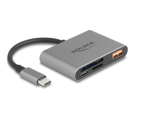 Delock USB-C  kártyaolvasó SD és Micro-SD emlékezet kártyák + USB csatlakozó10 Gbps A-típusú port és USB Type-C  csatlakozó PD 2.0 85 W