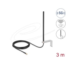   Delock 5G LTE Antenna SMA apa csatlakozóval 3 - 5 dBi mindenirányban rögzíthető, csatlakozó kábellel RG-174, 3 m, falra szerelhető, kültéri, fekete (DL-96089)