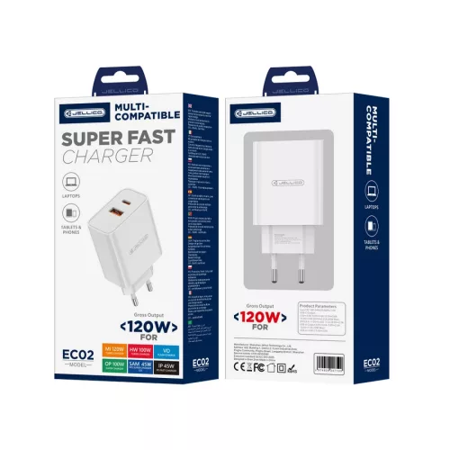 Jellico EC02 Hálózati Adapter USB + Type-C PD120W QC3 gyorstöltéssel - fehér