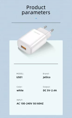 Jellico EU01W Hálózati töltő 2,4A 12W 1xUSB, Fehér