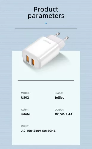  Jellico EU02 Hálózati töltő 2.4A 12W 2xUSB, Fehér